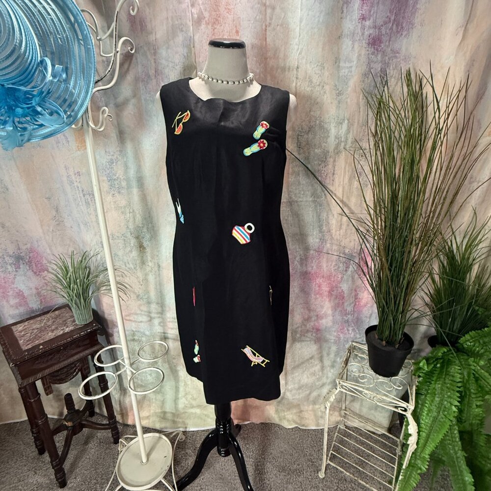 📌Annie Alexander Embroidered Beach Theme Linen Sleeveless Midi Dress